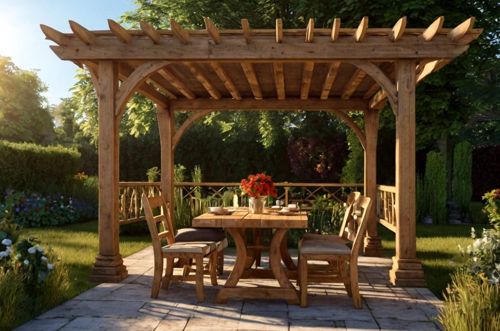 Gazebo, pergola and table in garden at country cottage relax and unwind